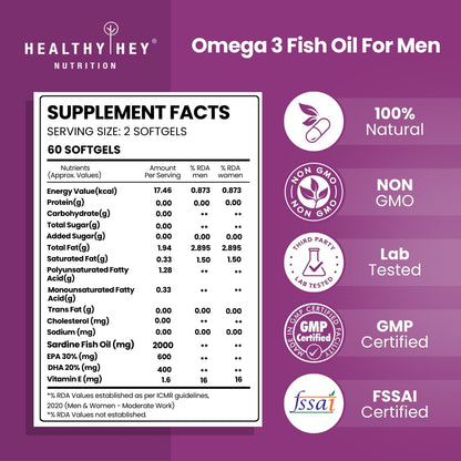 Omega 3 Fish Oil supplement facts and certification logos on a purple background