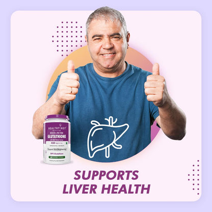 Man giving thumbs up with a supplement bottle labeled 'Supports Liver Health' on a purple background
