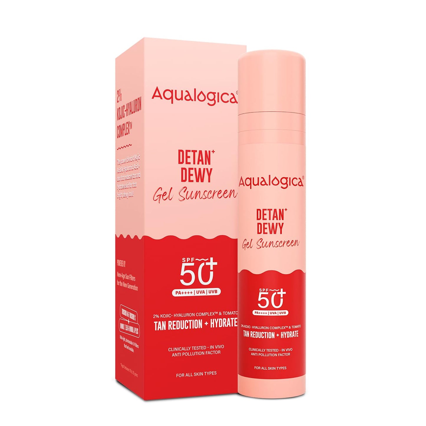 Aqualogica Detan+ Dewy Gel Sunscreen SPF 50+ PA++++ with 2% Kojic-Hyaluron Complex & Wild Berries, 50g | Broad Spectrum UVA/UVB & Blue Light Protection | No White Cast | Fragrance-Free | Lightweight | Hydrating | For Men & Women