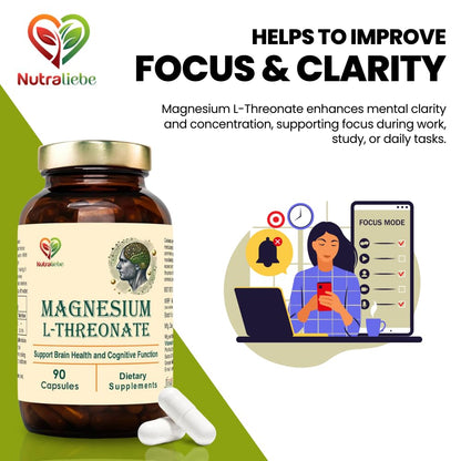 Nutraliebe Magnesium L-Threonate, 90 Capsules, Brain Health, Cognitive Support, Promotes Relaxation & Focus, High Absorption Formula