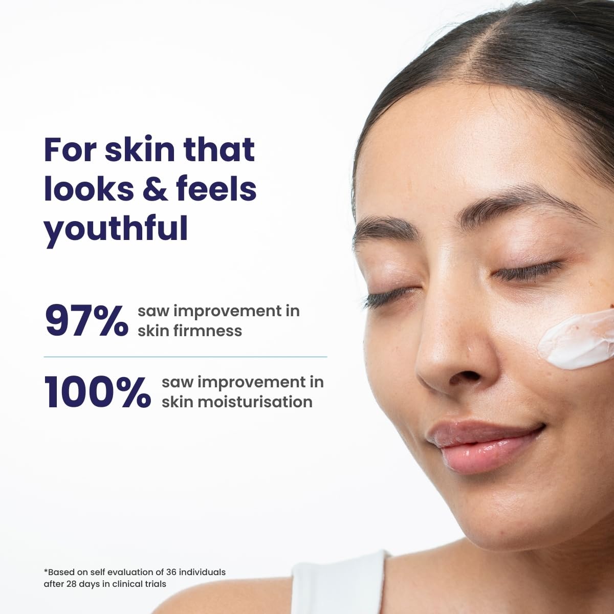 Woman applying cream to her face with text about skin improvement on a white background