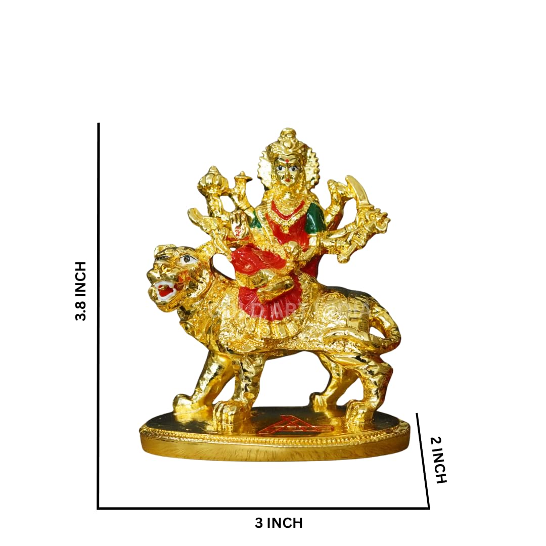 Gold Art India Gold Plated Ambe MATA Idol – 3.8 Inch Goddess Durga Murti with Red & Green Attire on Lion | Poly-Resin Statue for Home Mandir, Office Desk & Festive Gifting