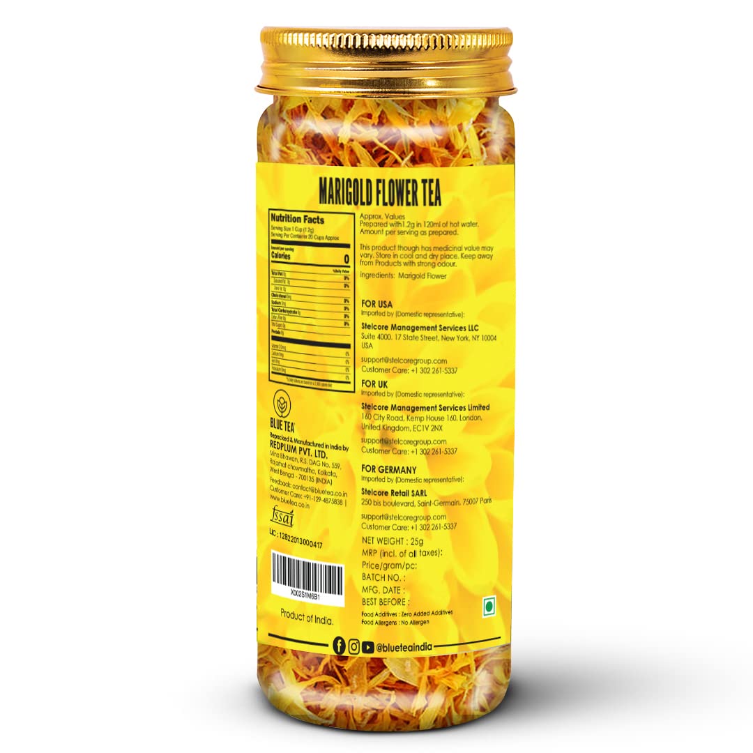BLUE TEA - Marigold Tea - 25 gm - 25 cups | Natural Sun Dried Marigold Flower | RELIEVES PAIN | Caffeine Free - Flower Based - Herbal Tea - Non Bitter | Pet Jar