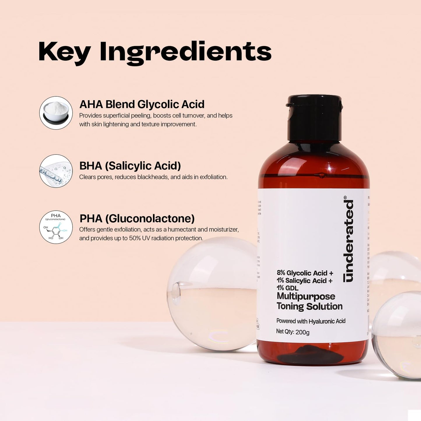 Underated 8% Glycolic Acid Toner for Skin with 1% Salicylic Acid, 1% GDL & AHA BHA PHA Formula | For Women & Men | For Oily & Acne Prone Skin | Face & Body Exfoliating Toner | 200 g