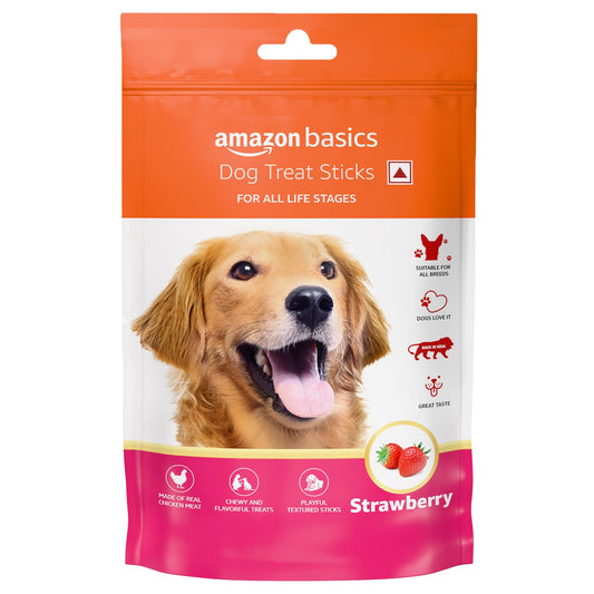 Amazon Basics Dog Treat Sticks 140 gm, Chewy Meat Sticks for Adult Dogs and Puppies, High Protein Dog Treats for Training and Snacks, Made of Real Chicken Meat, Ziplock Pack, Strawberry Flavor