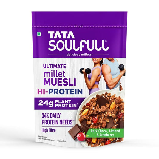 Tata Soulfull Ultimate Millet Muesli Hi-Protein, 350g, Chocolate, Almond & Cranberry, 24g Protein, Fulfill 34% Daily Protein Needs, High Fibre Breakfast Cereal with 16% Millets