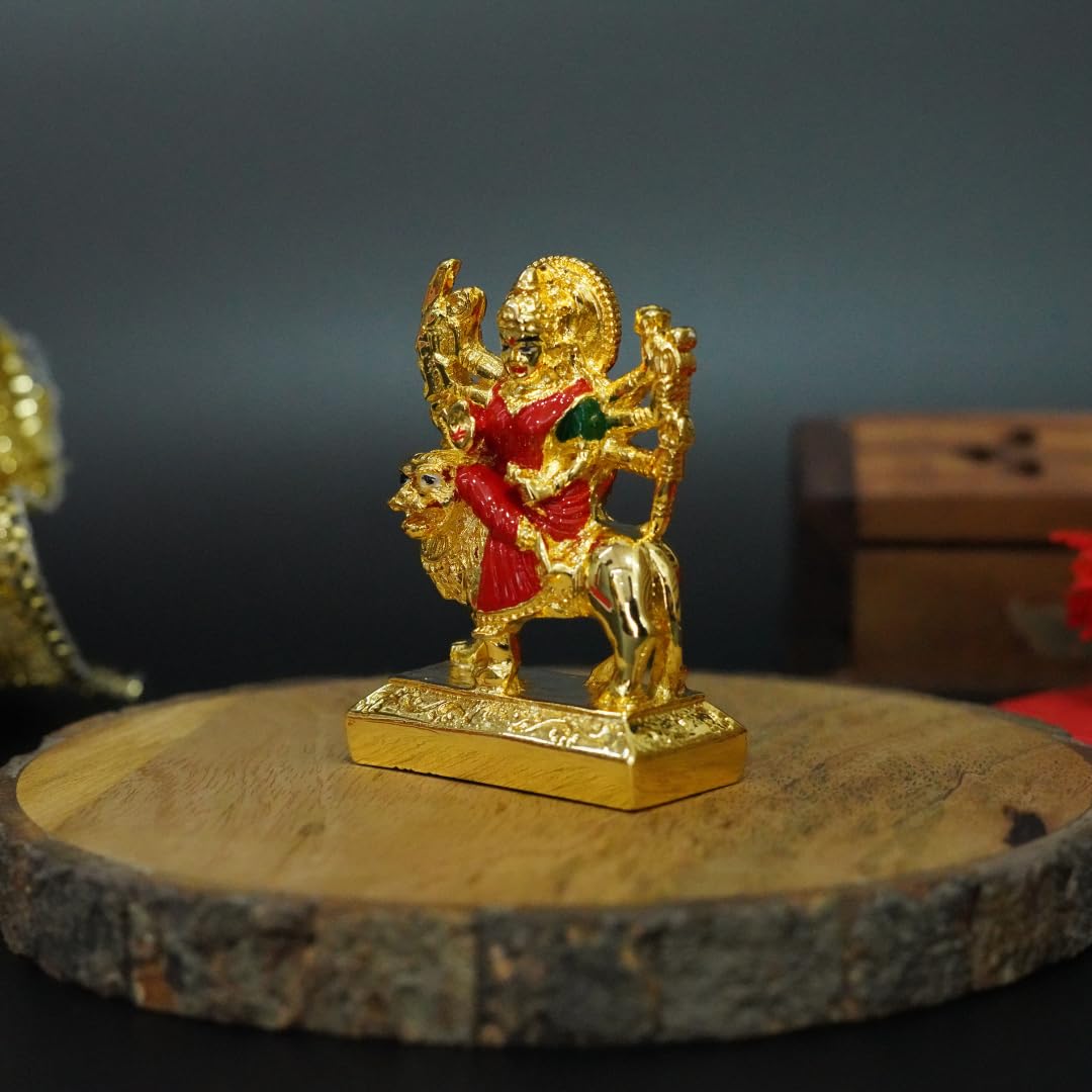 Gold Art India Gold Plated Ambe MATA Idol – Small Murti with Red & Green Attire | Goddess Durga Sitting on Lion – 2.7 Inch Poly-Resin Statue for Car Dashboard, Home & Office Worship