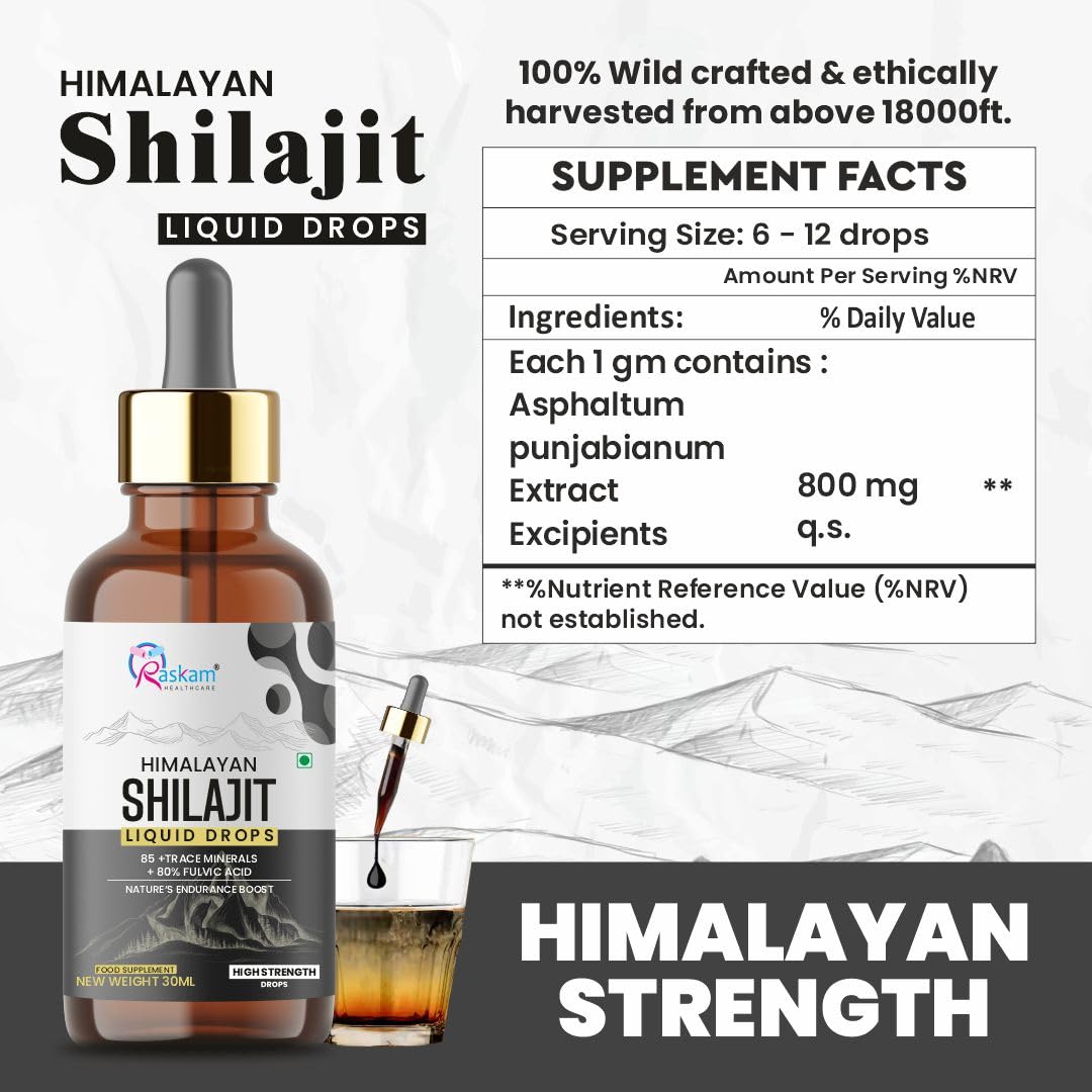 Himalayan Shilajit liquid drops with supplement facts and product details.