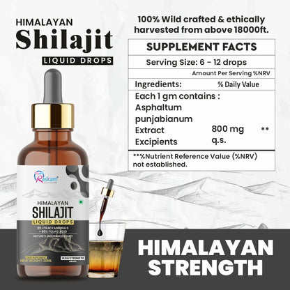 Himalayan Shilajit liquid drops with supplement facts and product details.