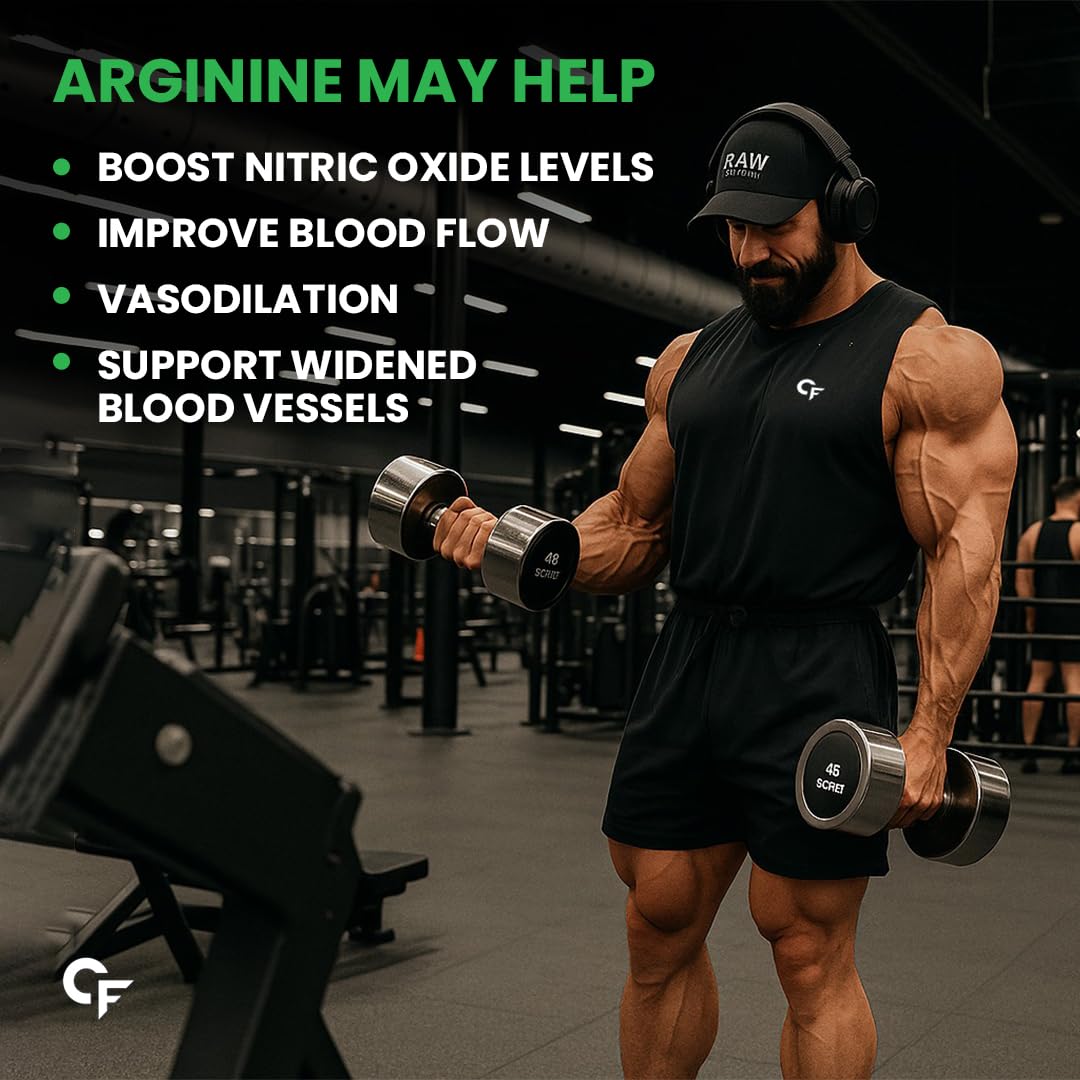 Muscular man lifting weights in a gym with text about arginine benefits.