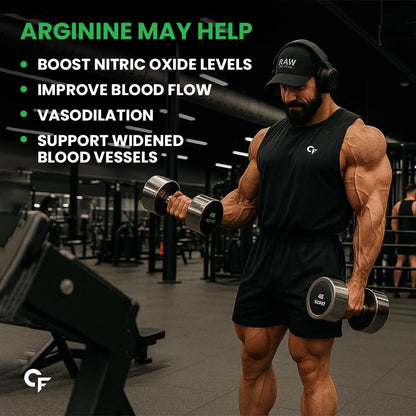 Muscular man lifting weights in a gym with text about arginine benefits.