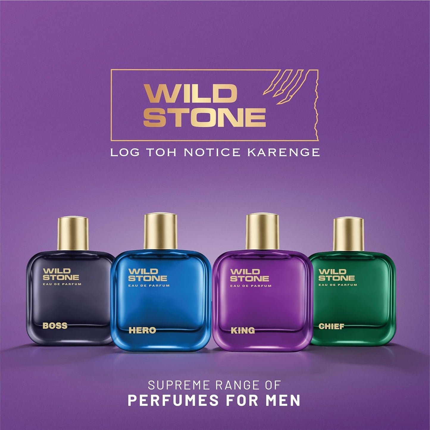 Four Wild Stone perfume bottles on a purple background with the brand name displayed.