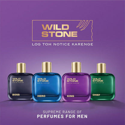 Four Wild Stone perfume bottles on a purple background with the brand name displayed.