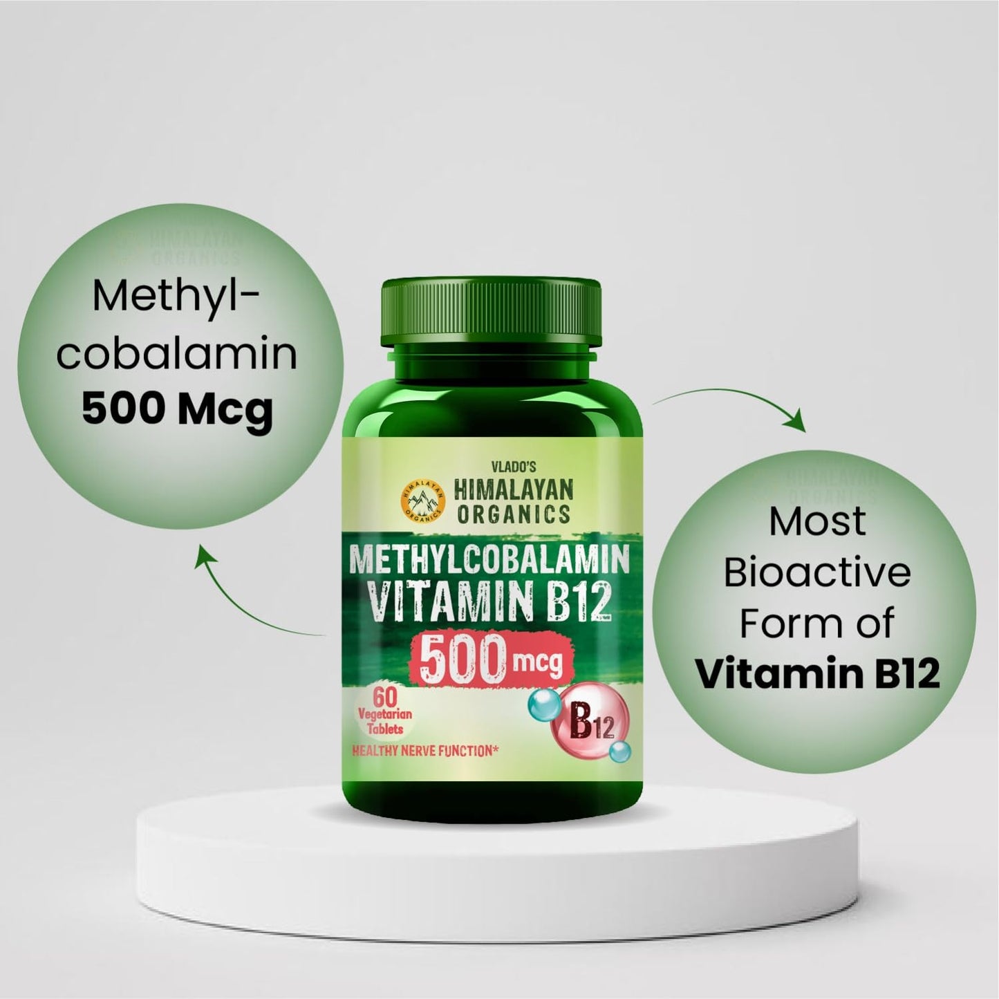 Vlado's Himalayan Organics Vitamin B12 Supplements 500 mcg - Methylcobalamin B12 Vitamin Tablets for Men & Women - 60 Veg Tablets