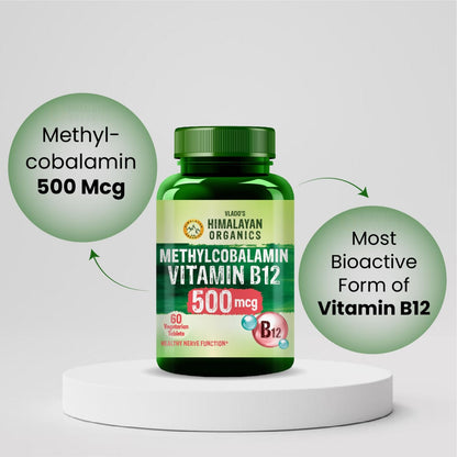 Vlado's Himalayan Organics Vitamin B12 Supplements 500 mcg - Methylcobalamin B12 Vitamin Tablets for Men & Women - 60 Veg Tablets