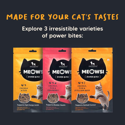Meowsi by HUFT Power Bites Cat Treats - Chicken & Fish - 50 gm | Treats for Kittens & Adult Cats | for Persian Cat & All Breeds | Tempting Bites for Cats