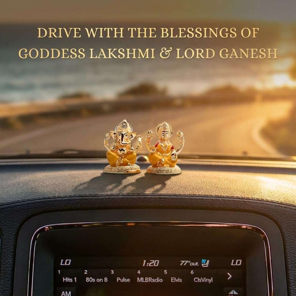 Gold Plated Laxmi Ganesh Idols for Pooja Room, Car Dashboard, Gifting, Table and Home Decor - Resin - 3x2 Inches (Yellow)