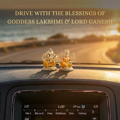 Gold Plated Laxmi Ganesh Idols for Pooja Room, Car Dashboard, Gifting, Table and Home Decor - Resin - 3x2 Inches (Yellow)