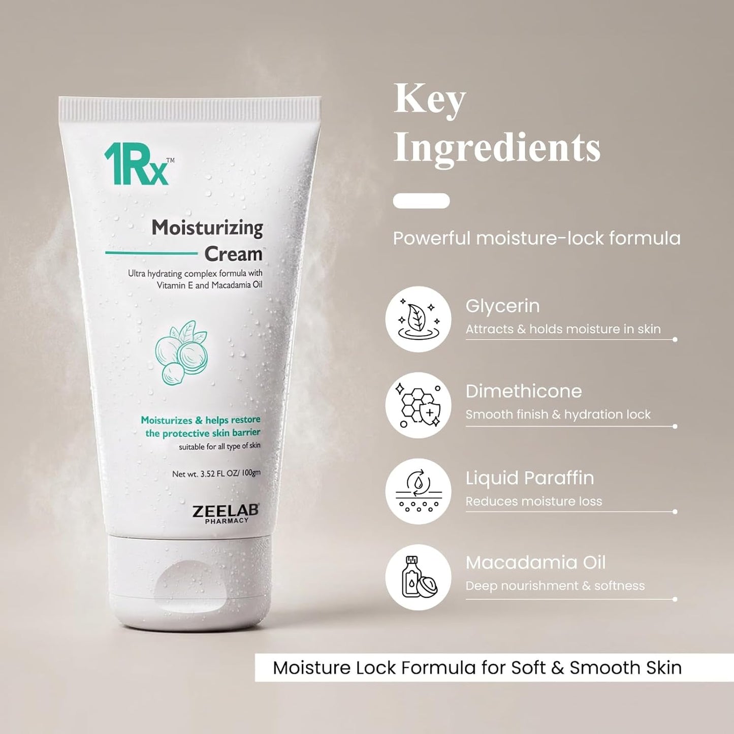 1RX Moisturizing Cream with key ingredients listed on a beige background