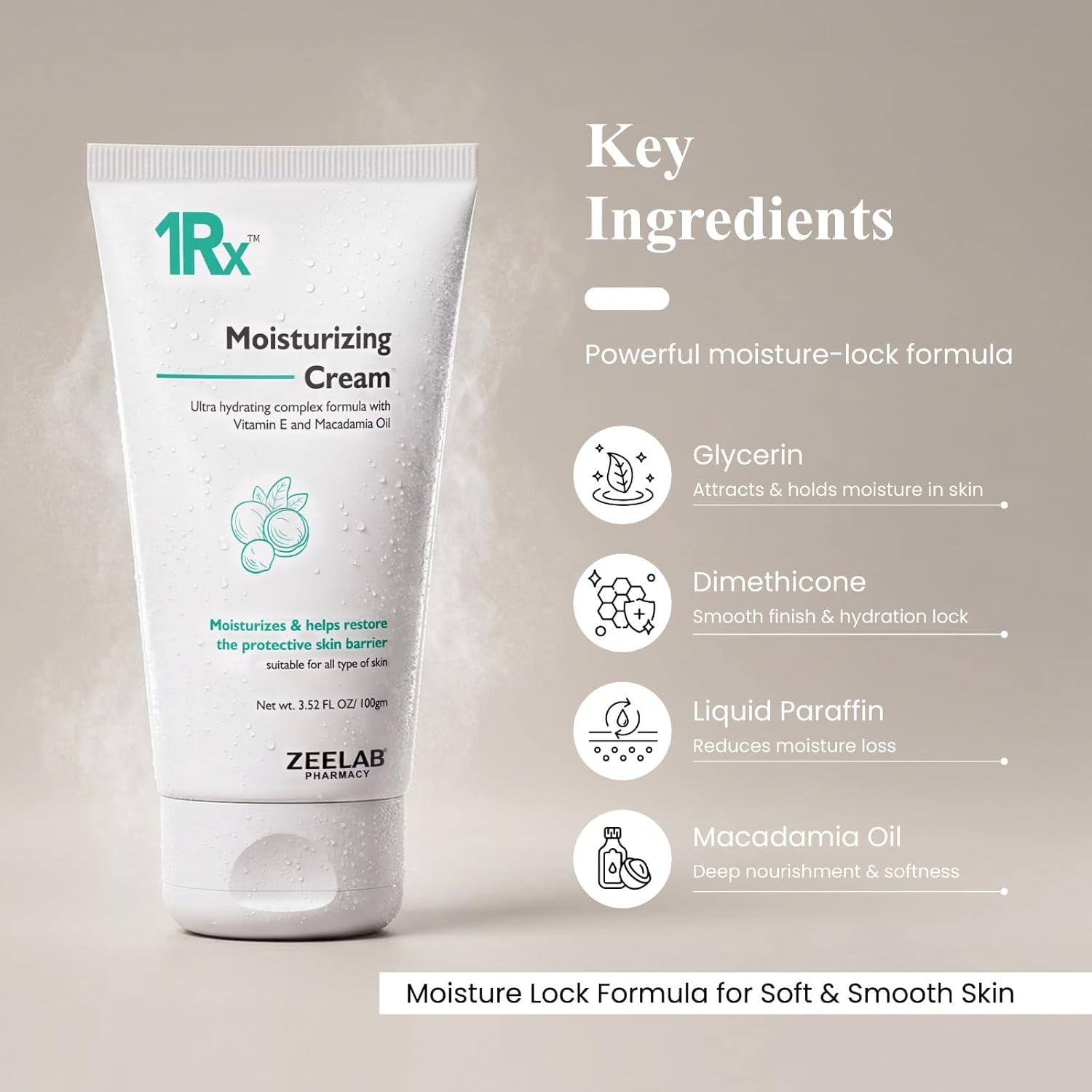 1RX Moisturizing Cream with key ingredients listed on a beige background