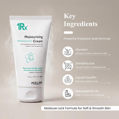 1RX Moisturizing Cream with key ingredients listed on a beige background