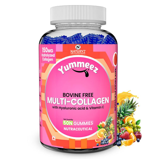 Yummeez multi-collagen gummy supplement bottle with colorful label on a white background