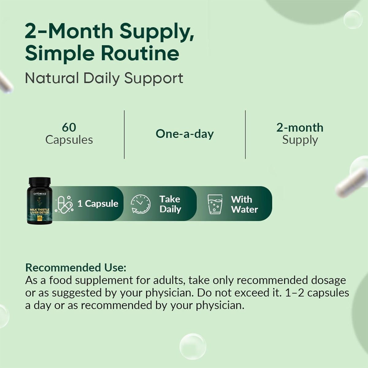 Supplement packaging with capsules and text on a green background