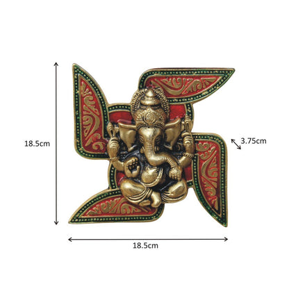 Handcrafted Metal Swastik Wall Hanging with Lord Ganesha, Decorative Meenakari Finish Auspicious Swastik for Home Entrance, Temple & Office Décor 7.2 x 7.2 Inch