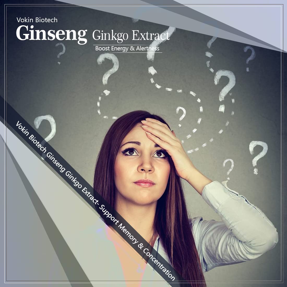 Advertisement for Vokin Biotech Ginseng Ginkgo Extract with a woman holding her head and question marks above her.