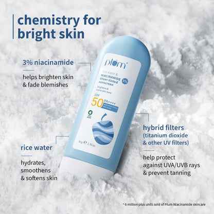 Plum Rice Water & 3% Niacinamide Sheer-Tinted Sunscreen SPF 50 PA++++ | Suitable for Most Indian Skin Tones | Sheer Coverage | Non-Oily | Women | Fragrance-free | 100% Vegan | 50gm