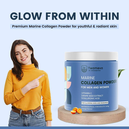 TWAMEVA Collagen Peptides Supplement for Skin, Hair, Nails | Vitamin C, E and Grape Seed Extract| For Healthy Skin,Hair | Marine Collagen Powder for Women & Men | Orange Flavour | 200g