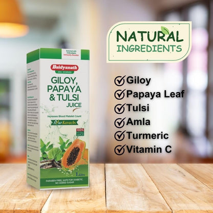 Baidyanath Asli Ayurved Giloy, Papaya & Tulsi Juice - Boost Blood Platelet Count | Ayurvedic Herbal Juice | 1 Ltr