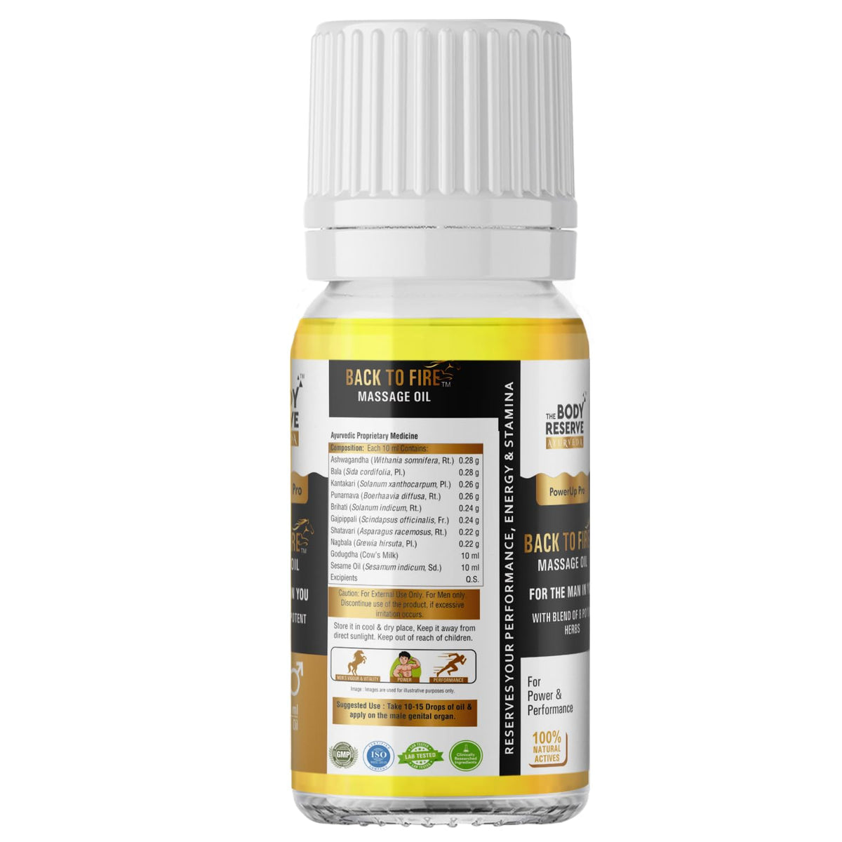 Bottle of Back to Nature massage oil on a white background