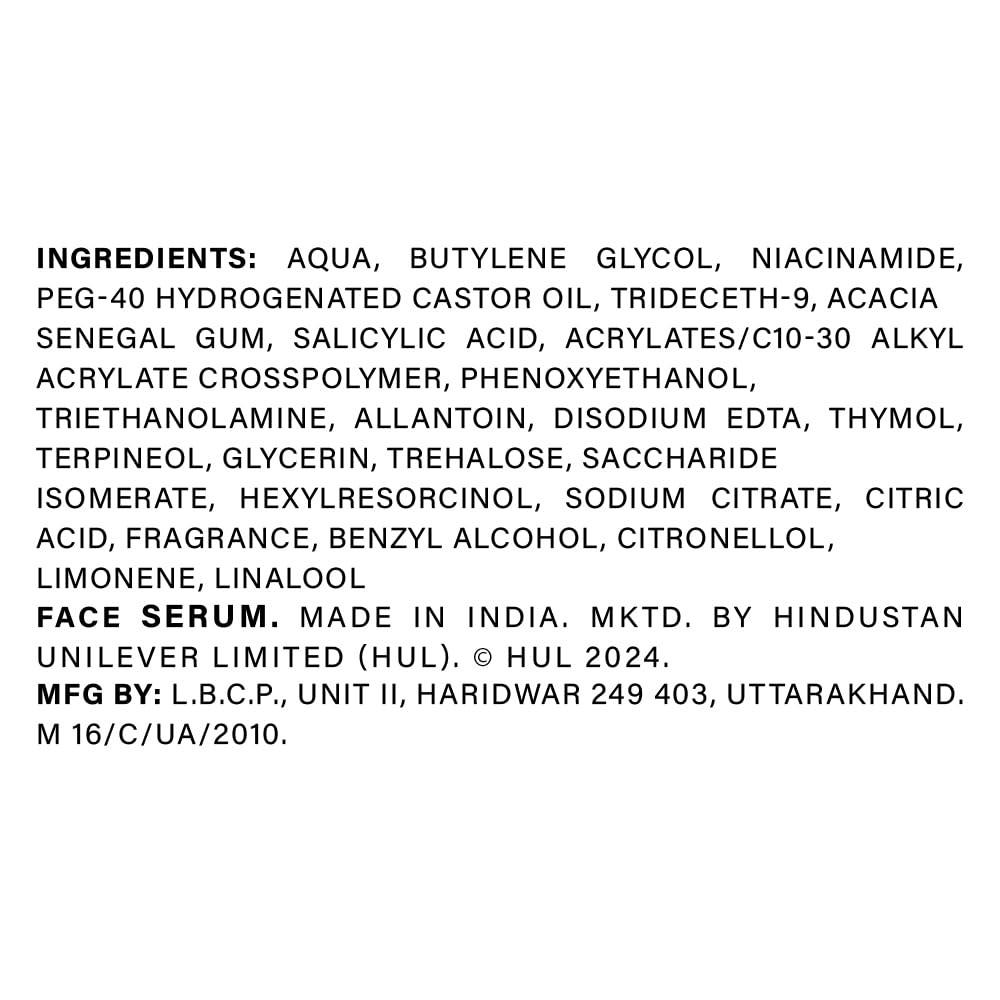 List of ingredients for a face serum with branding and manufacturing information.