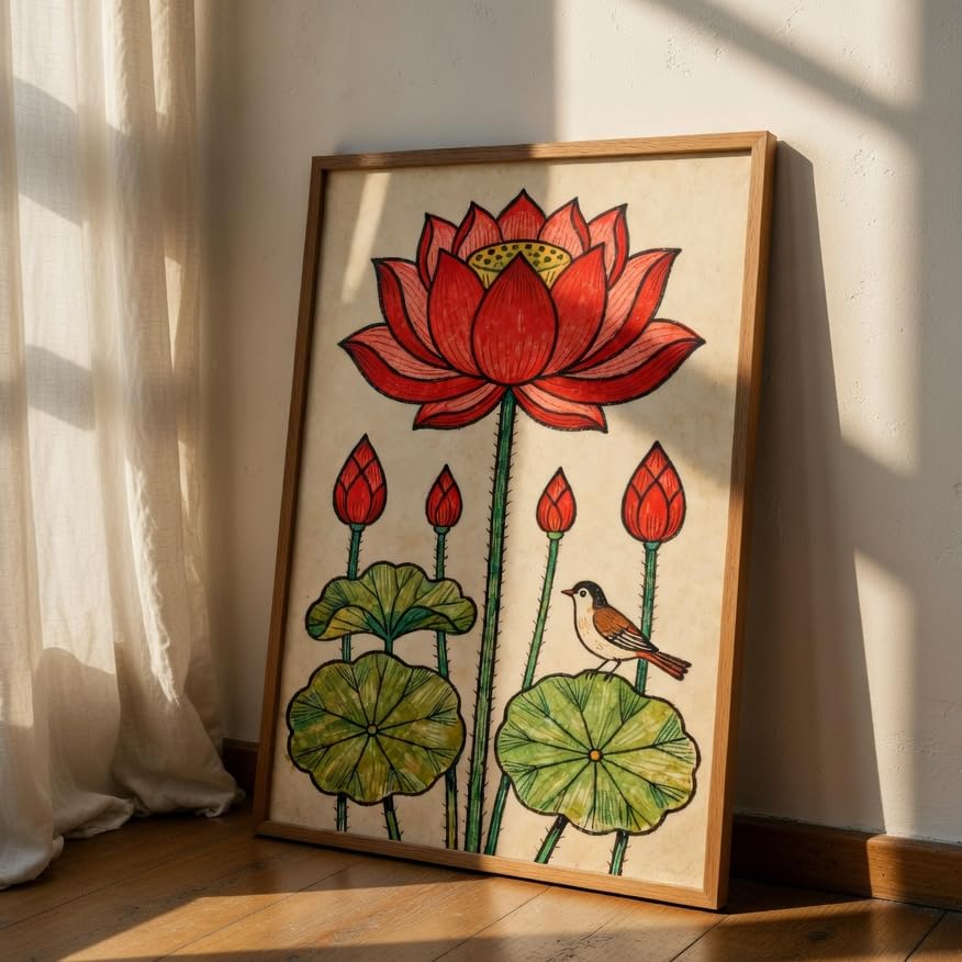 Traditional Lotus Flower Wall Painting with Wooden Frame | Botanical Lotus Artwork HD UV Laminated MDF Wall Decor | Indian Lotus Art Wall Decor for Living Room Bedroom Home 13.5 Inch x 19.5 Inch