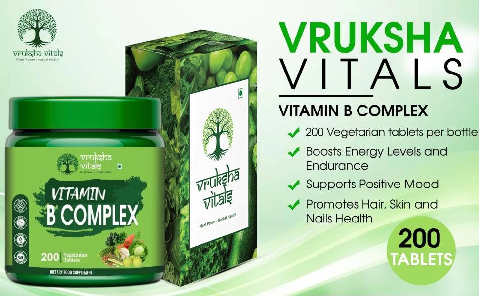 Vruksha Vitals Vitamin B Complex supplement jar and packaging on a white background