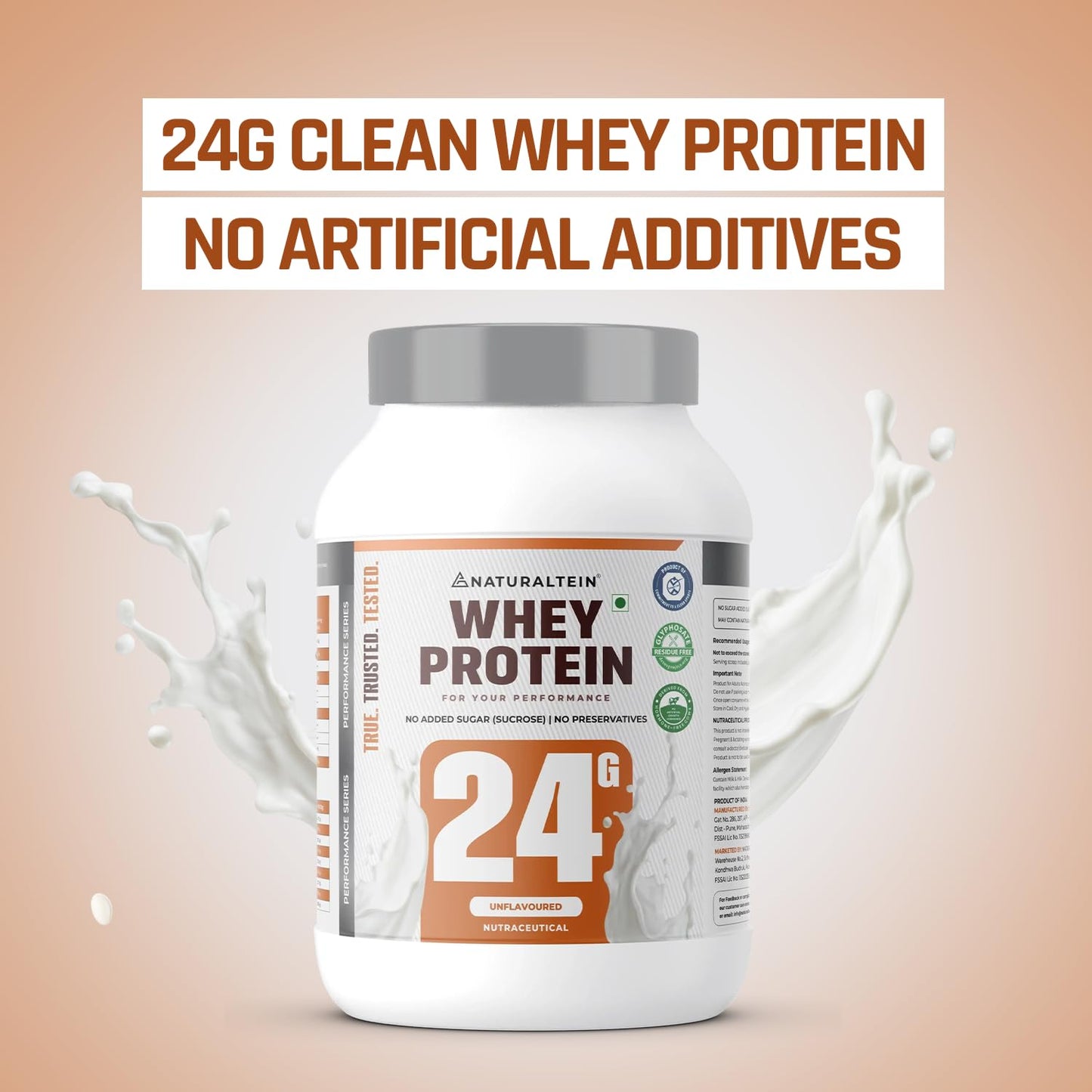 Whey protein container with '24G Clean Whey Protein' text on a beige background