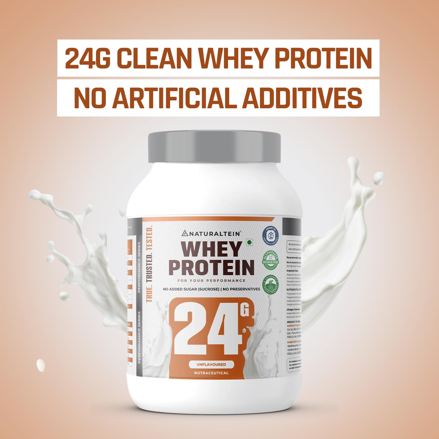 Whey protein container with '24G Clean Whey Protein' text on a beige background