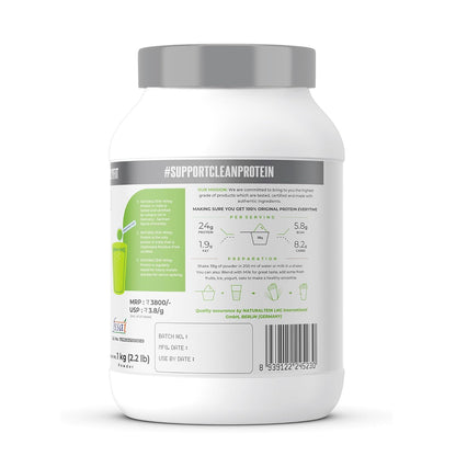 Protein powder container with label on a white background