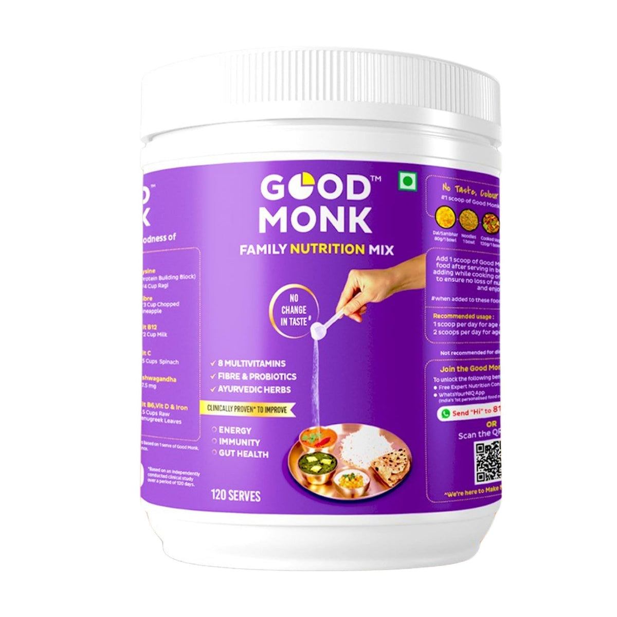 Good Monk Multivitamin,Probiotic & Fibre Mix (Add To Food,No Taste Change). Improves Energy,Immunity & Gut Health|For Kids,Men & Women - 120 Serves Value Pack Jar,Powder,1 Count,120 Servings
