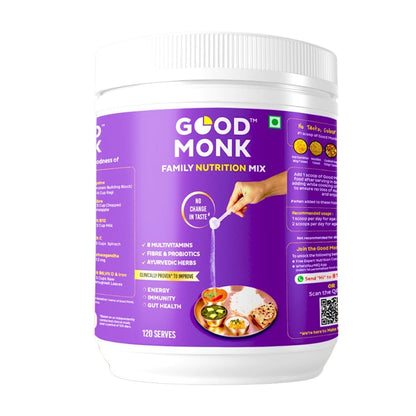 Good Monk Multivitamin,Probiotic & Fibre Mix (Add To Food,No Taste Change). Improves Energy,Immunity & Gut Health|For Kids,Men & Women - 120 Serves Value Pack Jar,Powder,1 Count,120 Servings