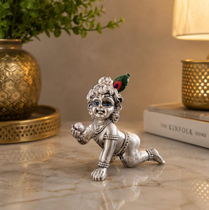 Gold Art India 999 Silver Plated Bal Krishna Idol (3.3 Inch) | Antique Matte Laddu Gopal Murti | Premium Peacock Green Velvet Gift Box | Krishna Idol for Home Temple, Office Decor & Spiritual Gifting