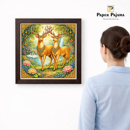 Golden Deer Pair Money Vastu Prosperity Luck Harmony Nature Sacred Framed Poster Artwork Decor Painting
