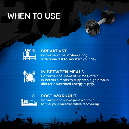 Prime Protein usage guide with icons and text on a blue background
