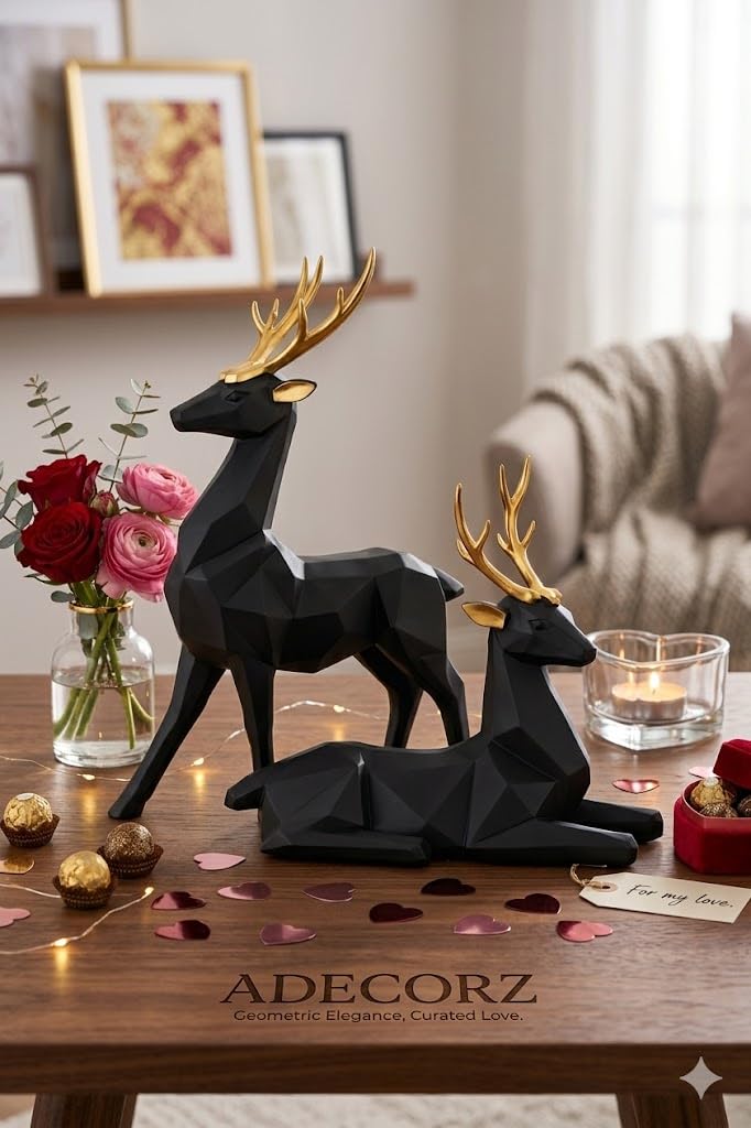 Decorative Resin Deer Figurines, Resin, 25 cm Height, Set of 2, Standing and Sitting Deer Statues Geometric Showpiece for Home Decor | Housewarming Gift (Black)