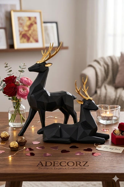Decorative Resin Deer Figurines, Resin, 25 cm Height, Set of 2, Standing and Sitting Deer Statues Geometric Showpiece for Home Decor | Housewarming Gift (Black)