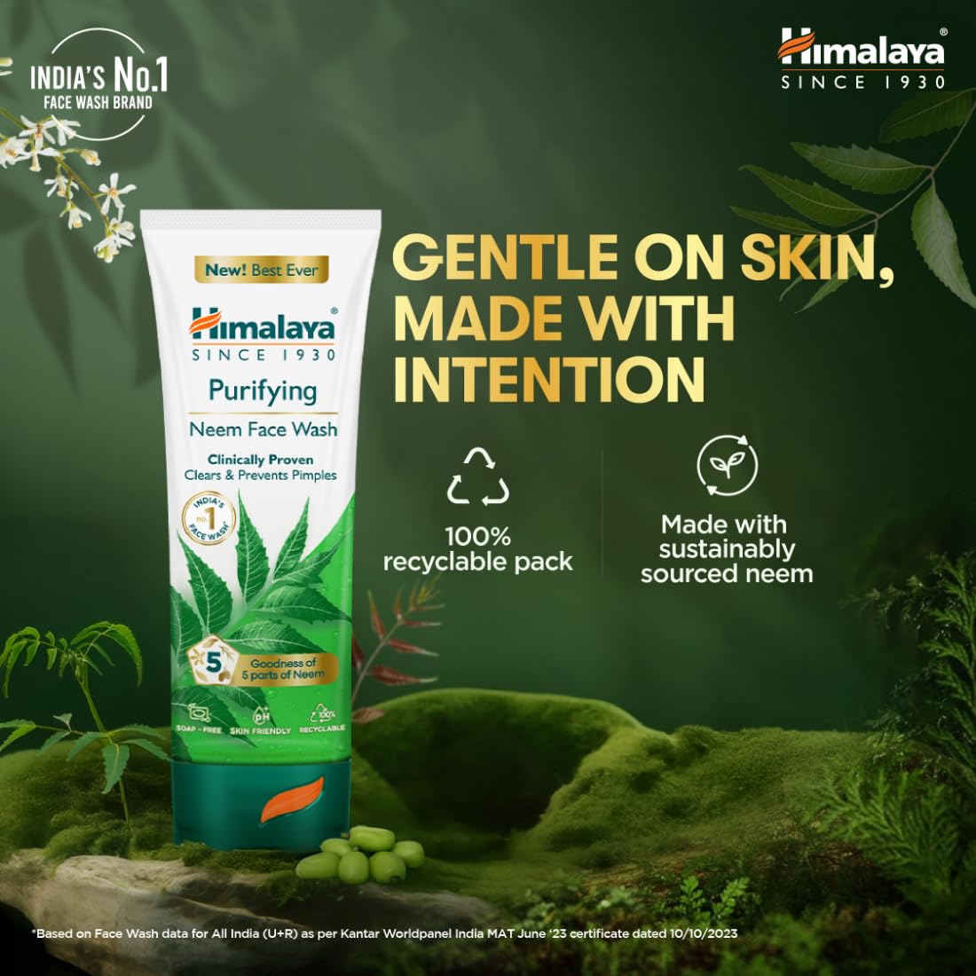 Himalaya Neem Face Wash tube with greenery on a dark green background