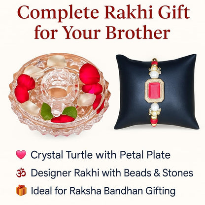 SAUDEEP INDIA Feng Shui Crystal Tortise with Plate for Good Luck with Rakhi for Brother | Turtle for Vastu Home Decor(Bhai-Rakhi with Gift Hamper)