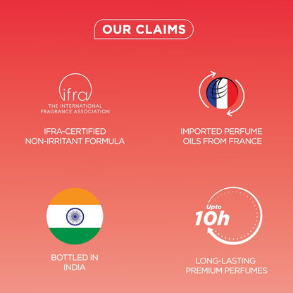 Promotional graphic with claims about perfume quality on a red background