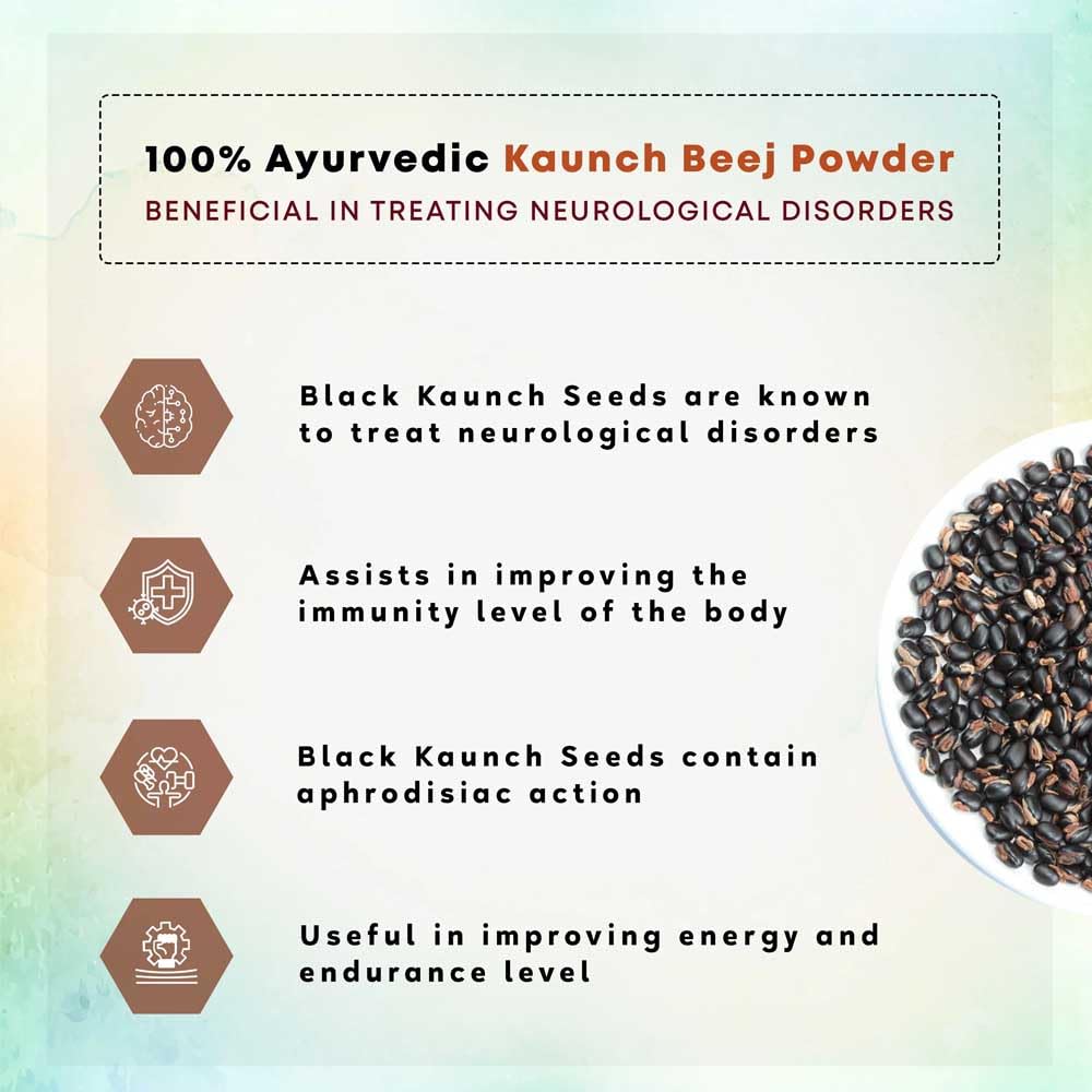 Ayurvedic Kaunch Beej Powder with text on benefits and uses